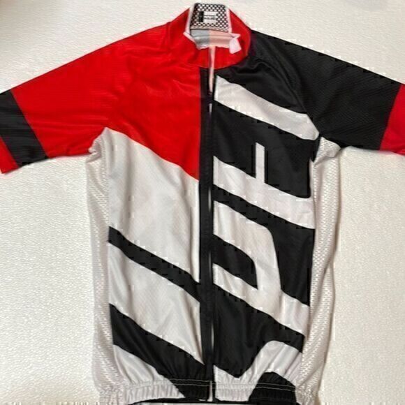 Short sleeve, bicycle zip up top. Unisex. Size S. Red/black/white. - Picture 1 of 8